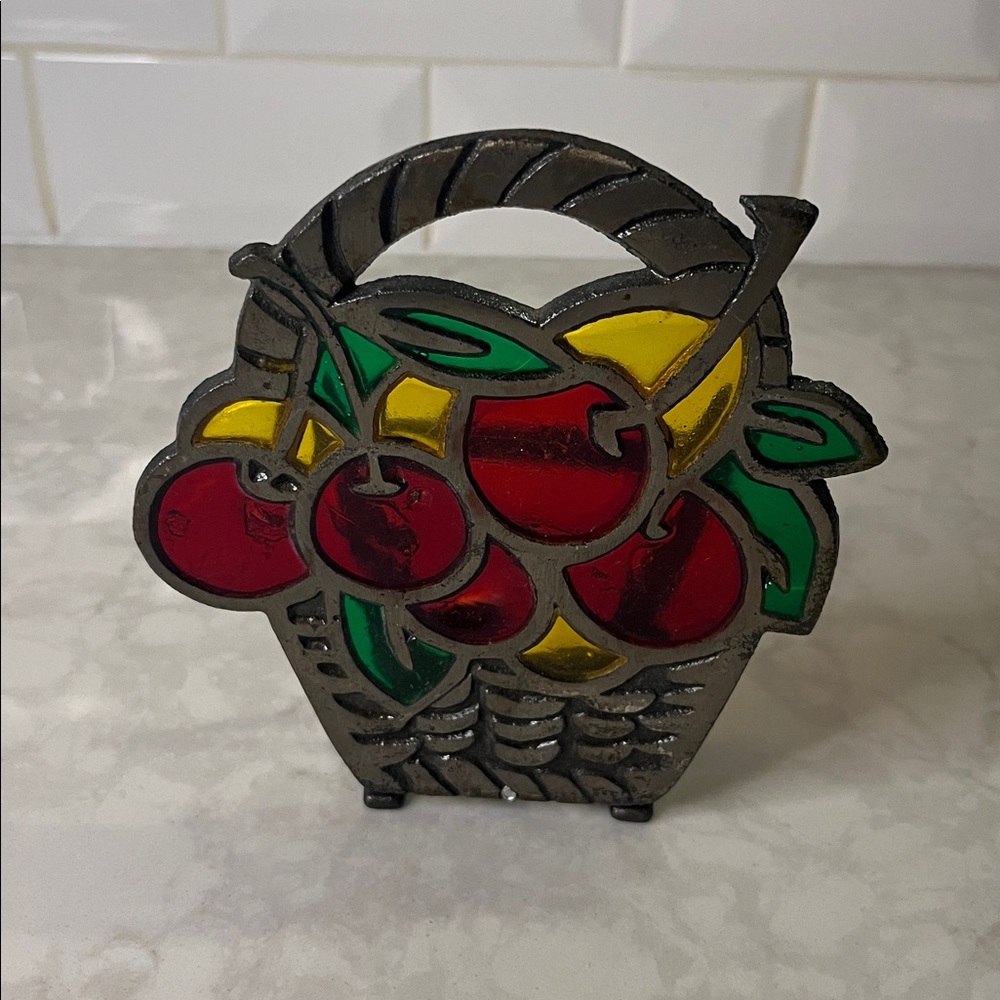 Vintage cherries stained glass  and cast iron cherry basket napkin holder  70’s